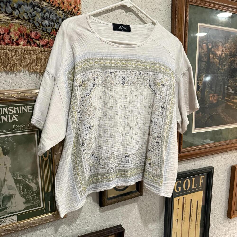 NWOT Fab'rik Tan and White Checked T-Shirt Women’s Designer Linen Blouse Small - Picture 2 of 7